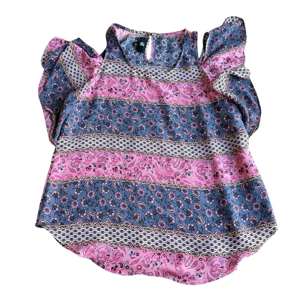 Iz Byer Womems Pink and Blue Floral Paisley Print Cold Shoulder Size M Blouse